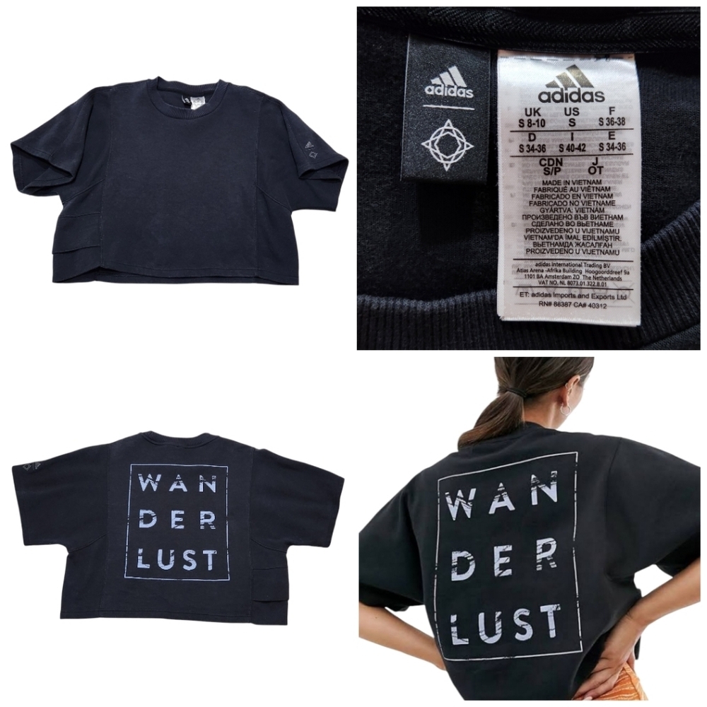 Adidas Cropped Wanderlust Thick Short Sleeve Black Shirt Sz Small Side Pocket